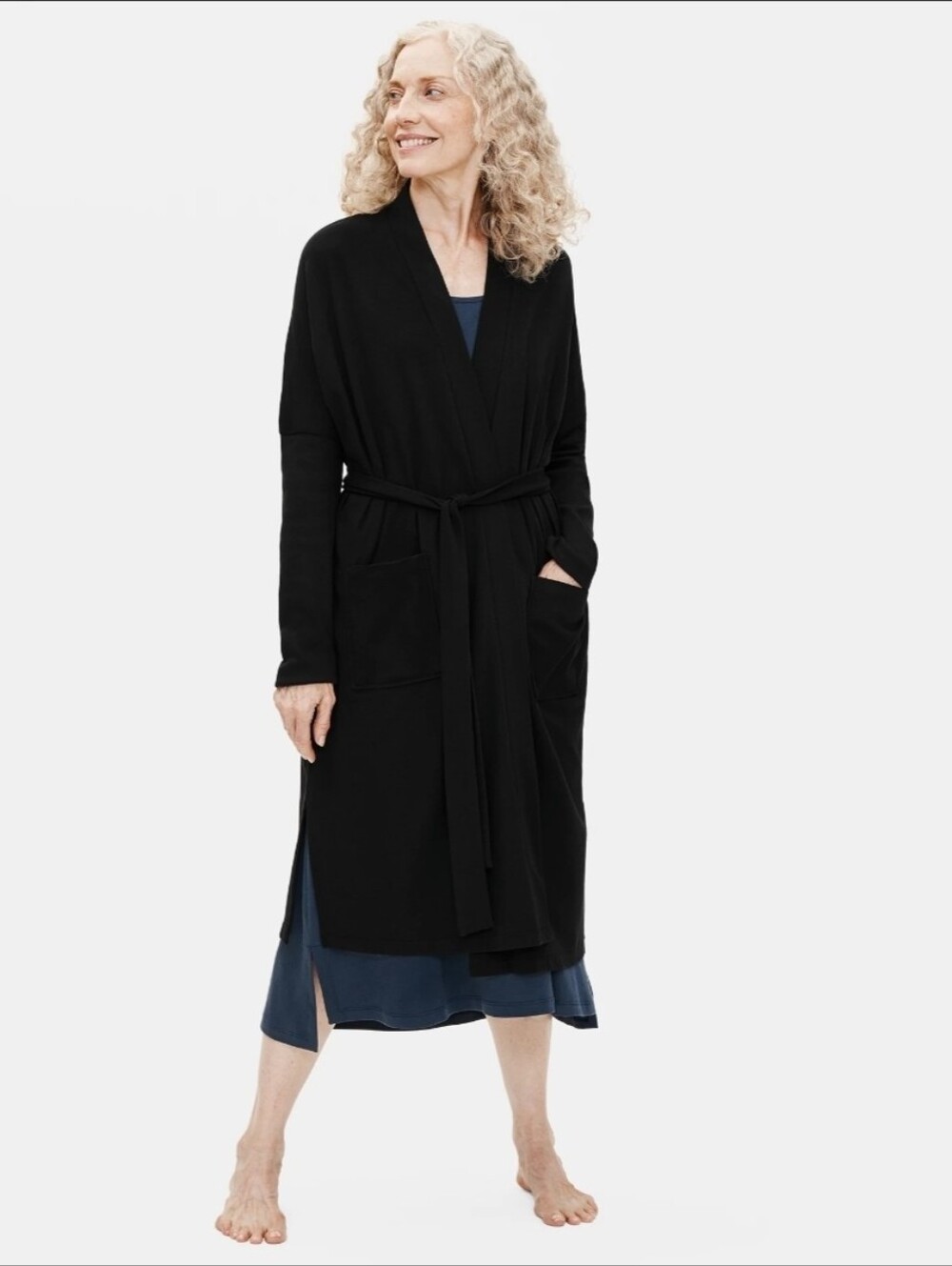 Eileen Fisher Black Organic Cotton Interlock Long Knit Robe w Tie Belt Size SM